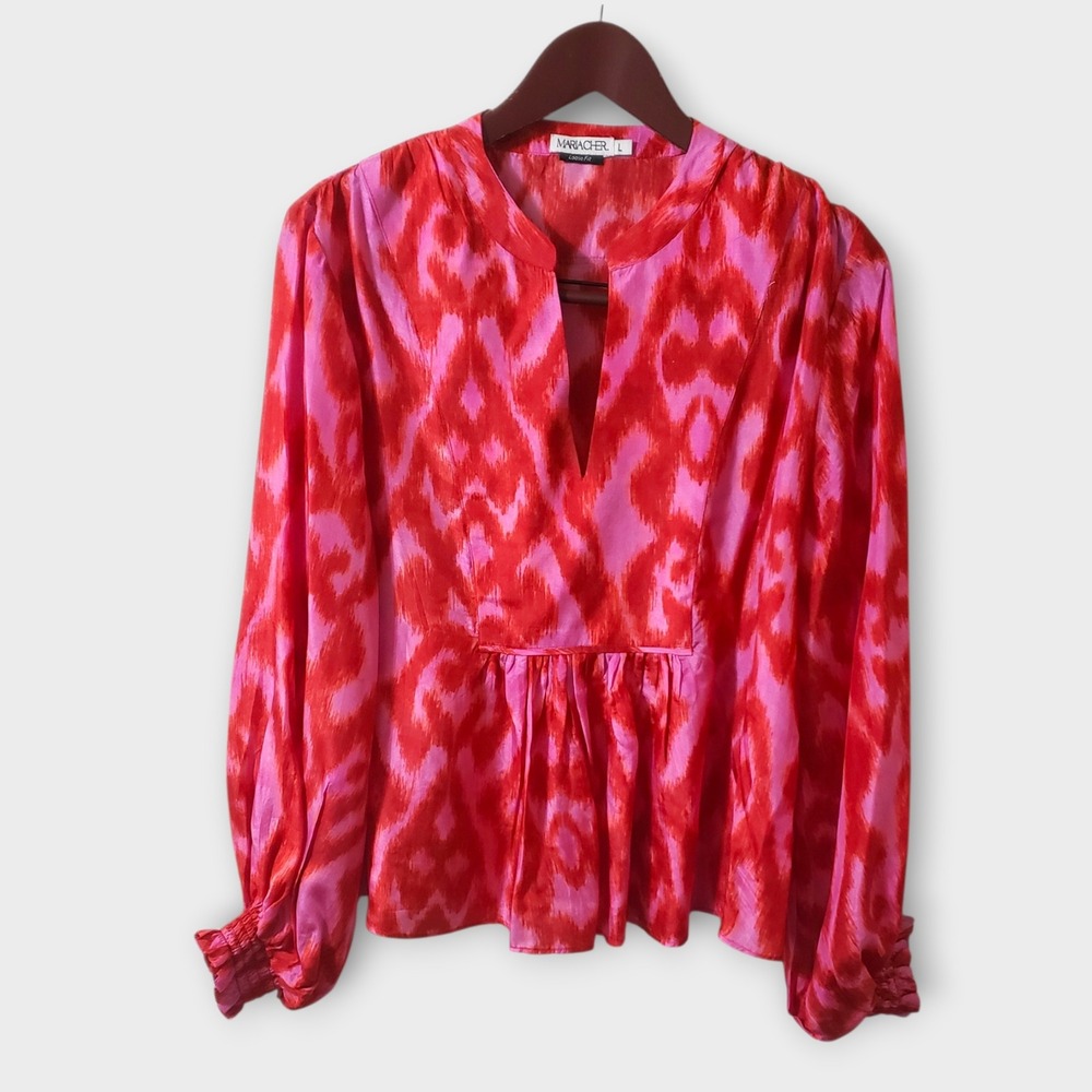 Maria Cher Loose Fit 100% Silk Blouse Pink Red Ikat Print Bishop Sleeve Large